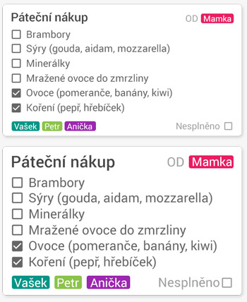 Ukázka nákupního seznamu v aplikaci Familyboard